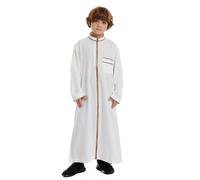 Peignoir traditionnel du Moyen-Orient pour enfants garçons brodé à la main Thobe Islamique Abaya Vêtements de prière Kaftan Style Dubaï Tenue ethnique, blanc, 11-12 ans