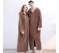 Peignoir unisexe à capuche avec fermeture éclair, Longue chemise de nuit chaude d'hiver pour la maison et l'extérieur, Couleur : Marron, Taille L
