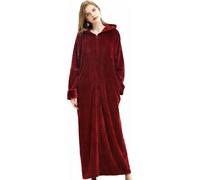 Peignoir unisexe à capuche avec fermeture éclair, longue chemise de nuit chaude d'hiver pour la maison et l'extérieur, couleur : rouge vin, taille M