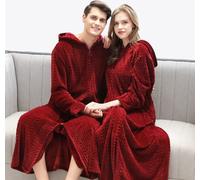 Peignoir unisexe à capuche avec fermeture éclair, longue chemise de nuit chaude d'hiver pour la maison et l'extérieur, couleur : rouge vin, taille L