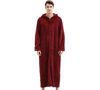 Peignoir unisexe à capuche avec fermeture éclair, longue chemise de nuit chaude d'hiver pour la maison et l'extérieur, couleur : rouge vin, taille XL