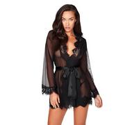 Peignoirs en dentelle sexy pour femmes, ensembles de lingerie avec bordure en dentelle et ceinture satin, nuisette maille transparente, string, body dentelles florale, chemise de nuit, kimono court