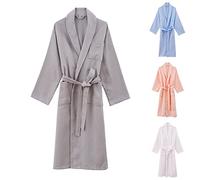 Peignoirs gaufrés avec poches unisexes - Peignoir de chambre léger en flanelle polaire - Robe de chambre personnalisée en tissu éponge chaud à manches longues - Chemise de nuit décontractée, gris, L