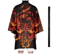 Peignoirs Légers et Décontractés pour Hommes, Kimono Long Imprimé Dragon, Cardigan Japonais, Peignoirs avec Ceinture,Black-6XL