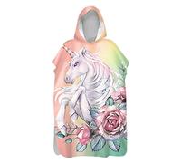PEIHUODAN Serviettes Poncho Enfant Fille Adulte Femme Licorne Arc-en-Ciel Motif Robe Surf Poncho Capuchon Poncho De Bain Long Natation Serviettes De Plage Microfibre Peignoir (Rosa,70X85 cm 6-12 Ans)