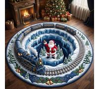 PEIHUODAN Tapis Rond Père Noël Train Design Flanelle Douce Décoration Hiver Tapis Sol Antidérapant Circulaire Salon Chambre Cheminée Sapin De Noël Décor Maison Fête Saisonnière, 160 cm, Color 1