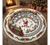 PEIHUODAN Tapis Rond Père Noël Train Design Flanelle Douce Décoration Hiver Tapis Sol Antidérapant Circulaire Salon Chambre Cheminée Sapin De Noël Décor Maison Fête Saisonnière, 160 cm, Color 5