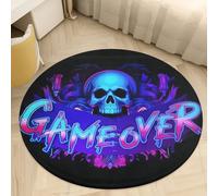 PEIHUODAN Tapis Rond pour Chambre Garçon Crâne d'arcade Néon Violet 3D Tapis Gamer pour Enfants Flanelle Antidérapante Grand Tapis pour Salon Tapis de Sol pour Chaise de Jeu Gaming (Bleu,160 CM)