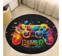 PEIHUODAN Tapis Rond pour Chambre Garçon Crâne d'arcade Néon Violet 3D Tapis Gamer pour Enfants Flanelle Antidérapante Grand Tapis pour Salon Tapis de Sol pour Chaise de Jeu Gaming (Vert,100 CM)