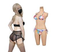 Peikey Faux Sein Silicone Body Gainant Réaliste [Recouvrement Partiel] Combinaison Intégrée avec Pantacourt en Silicone pour Travesti Cosplay, Bonnet D avec Silicone Liquide Blanc
