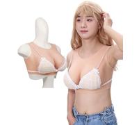 Peikey Faux Sein Silicone Travesti, [Version Col Rond] Fausse Poitrine Bust en Silicone réaliste avec Soutien-Gorge Approprié, pour Drag Queens, Cosplay, Bonnet G Blanc avec Silicone Liquide