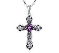 PEIMKO Collier en argent sterling avec pendentif en forme de croix en améthyste et améthyste en forme de cœur - Bijoux de foi - Cadeaux chrétiens pour femme, Argent sterling, Améthyste