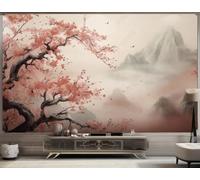 Peint À La Main Sommets Montagneux Oiseaux En Vol Rose Arbres Papier Peint 3D Installation Facile Intissé Tapisserie Bureau Salon Canapé Chambre Décoration Murale-150cm×105cm