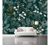 peint panoramique 200 x 140 cm Tapisserie panoramique mural décoration salon - Design moderne Fleurs et feuilles de la forêt NaturePapier peint pour différentes pièces Vert Blanc