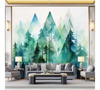 peint panoramique 200 x 140 cm Tapisserie panoramique mural décoration salon - Design moderne Montagnes et forêts aquarelle abstraitePapier peint pièces Couleurs froides bleu verdâtre