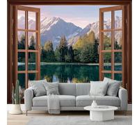 peint panoramique 200 x 140 cm Tapisserie panoramique mural décoration salon - Design moderne Paysage Fenêtre Vue NaturePapier peint pour différentes pièces Vert Bleu