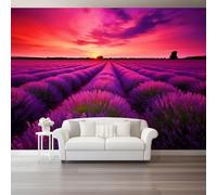 peint panoramique 250 x 175 cm Tapisserie panoramique mural décoration salon - Design moderne Champs de fleurs et romance de lavandePapier peint pour différentes pièces Couleur chaude violet rose