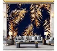 peint panoramique 300 x 210 cm Tapisserie panoramique mural décoration salon - Design moderne Décoration en feuille d'or de palmierPapier peint pour différentes pièces Couleur froide bleu marine