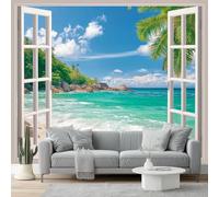 peint panoramique 350 x 256 cm Tapisserie panoramique mural décoration salon - Design moderne Vue sur la mer Paysage naturel tropicalPapier peint pour différentes pièces Bleu Vert