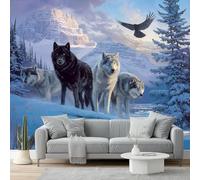 peint panoramique 400 x 280 cm Tapisserie panoramique mural décoration salon - Design moderne Animaux du paysage de montagne du loup des neigesPapier peint pour différentes pièces Bleu Blanc