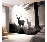peint panoramique 400 x 280 cm Tapisserie panoramique mural décoration salon - Design moderne Nostalgie de la forêt d'élansPapier peint pour différentes pièces Couleurs froides noires et grises