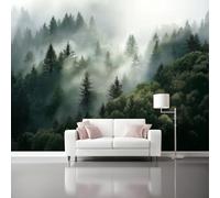 peint panoramique 400 x 280 cm Tapisserie panoramique mural décoration salon - Design moderne Paysage mystérieux de forêt brumeusePapier peint pour différentes pièces Vert Gris