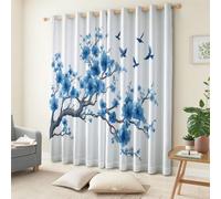 Peinture À L’Encre Chinoise Rideaux Occultant Plante Cerisiers Bleus Oiseaux Volants Rideau Isolant, Blanc Thermique Chambre Salon Rideaux À Oeillets 3D Intérieurs Rideau L 110 X H 215 cm 2 Panneaux
