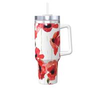 Peinture à l'aquarelle de coquelicots rouges,Gobelet isotherme Ice Bully de 40 oz avec poignée, couvercle et paille, en acier inoxydable, pour voiture ou café.