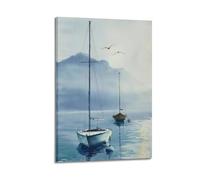 Peinture à l'aquarelle de deux bateaux à voile sur une mer calme avec montagne et mouettes en arrière-plan beau paysage affiche décorative sur toile affiches murales et art imprimé moderne