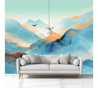Peinture À L'Encre Montagnes Oiseaux En Vol Murale Photo Papier Peint 400 x 280 cm Intissé Tableaux Poster Mural Tapisserie, Vert Papier Peint Panoramique Salon Maison Appartement Décorative Tenture