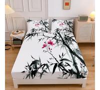 Peinture À L'Encre Simplicité Drap-Housse en Microfibre avec Bords élastiques Antidérapant et Anti-Rides Bambou Fleurs protège-Matelas 90x190 cm Poche Profonde de 30 cm Noir