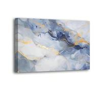 Peinture à l'huile abstraite sur toile, texture marbre bleu et or, 80 x 120 cm, avec cadre