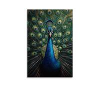 Peinture à l'huile animale - Affichage paon vibrant - Une symphonie de bleus et de verts irisés capturée dans des détails d'inspiration baroque - Décoration murale tendance - Poster d'art à suspendre