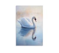 Peinture à l'huile animale - Cygne blanc gracieux glissant sur un lac serein avec de doux reflets de lumière du matin Décoration murale moderne à suspendre - Impression murale artistique 50 x 75 cm