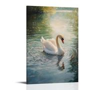 Peinture à l'huile animale - Cygne blanc gracieux glissant sur un lac serein avec des ondulations et une lumière douce du matin Décoration murale moderne à suspendre - Impression murale artistique 20