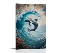 Peinture à l'huile animale - Danse gracieuse des dauphins - Une scène marine ludique capturant des dauphins sautant à travers les vagues de l'océan turquoise - Décoration murale moderne à suspendre