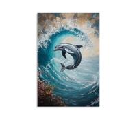 Peinture à l'huile animale - Danse gracieuse des dauphins - Une scène marine ludique capturant des dauphins sautant à travers les vagues de l'océan turquoise - Décoration murale moderne à suspendre