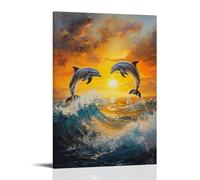 Peinture à l'huile animale - Dauphins gracieux au coucher du soleil - Créatures marines ludiques sautant à travers les vagues dans des teintes chaudes de l'océan - Décoration murale contemporaine à