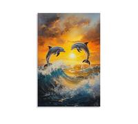Peinture à l'huile animale - Dauphins gracieux au coucher du soleil - Créatures marines ludiques sautant à travers les vagues dans des teintes chaudes de l'océan - Décoration murale contemporaine à