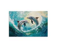 Peinture à l'huile animale - Dauphins gracieux dansant dans des vagues turquoise - Dauphins ludiques sautant à travers les eaux de l'océan vibrantes avec des coups de pinceau impressionnistes