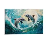 Peinture à l'huile animale - Dauphins gracieux dansant dans des vagues turquoise - Dauphins ludiques sautant à travers les eaux de l'océan vibrantes avec des coups de pinceau impressionnistes