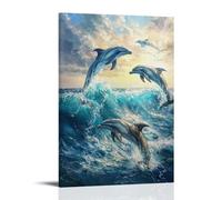 Peinture à l'huile animale - Dauphins gracieux en jeu - Une scène sous-marine vibrante de dauphins sautant à travers des vagues turquoise sous la lumière du soleil tachetée Décoration murale