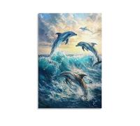 Peinture à l'huile animale - Dauphins gracieux en jeu - Une scène sous-marine vibrante de dauphins sautant à travers des vagues turquoise sous la lumière du soleil tachetée Décoration murale