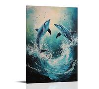 Peinture à l'huile animale - Dauphins ludiques dansant dans des vagues de l'océan turquoise sous la lumière du soleil Décoration murale moderne à suspendre - Impression murale artistique 30 x 45 cm