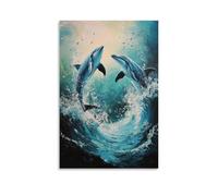 Peinture à l'huile animale - Dauphins ludiques dansant dans des vagues de l'océan turquoise sous la lumière du soleil Décoration murale moderne à suspendre - Impression murale artistique 50 x 75 cm