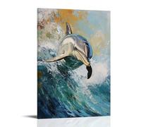 Peinture à l'huile animale - Dauphins ludiques en vagues turquoises - Les coups de pinceau dynamiques capturent la joie marine dans l'océan tacheté de soleil - Décoration murale contemporaine à