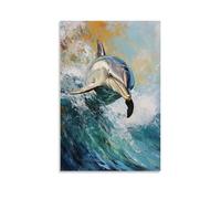 Peinture à l'huile animale - Dauphins ludiques en vagues turquoises - Les coups de pinceau dynamiques capturent la joie marine dans l'océan tacheté de soleil - Décoration murale contemporaine à