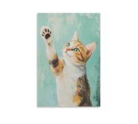 Peinture à l'huile animale d'un chat examinant ses pattes dans un miroir comme un blogueur de beauté, encadrée sur un fond menthe. Décoration murale moderne à suspendre 20 x 30 cm