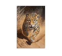 Peinture à l'huile animale d'un Jaguar qui sprinte le long des lits de rivière comme un coureur sauvage de cross-country, fondu dans un paysage moka. Décoration murale tendance - Poster et peinture