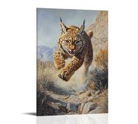 Peinture à l'huile animale d'un Lynx qui coule sur des sentiers de montagne comme un marathonien extrême, ombre tendue sur des paysages de sauge. Décoration murale artistique moderne à suspendre 60 x